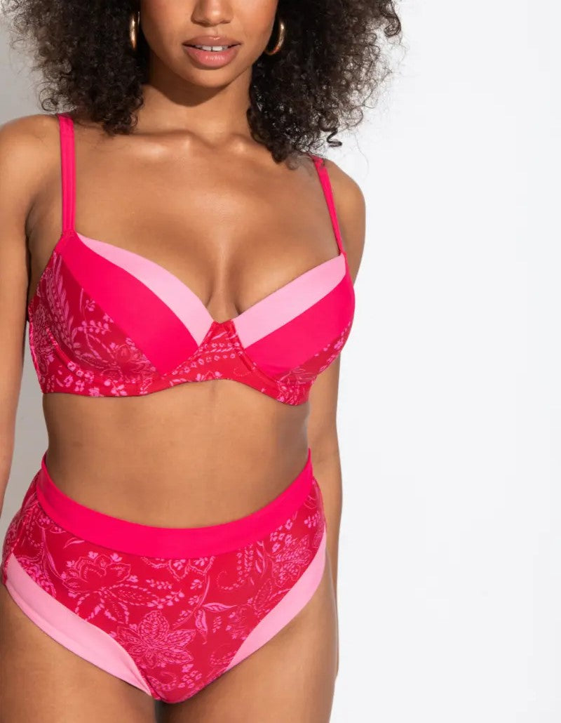 Model wearing Palm Springs Padded Top In Red & Pink  - Pour Moi, front view