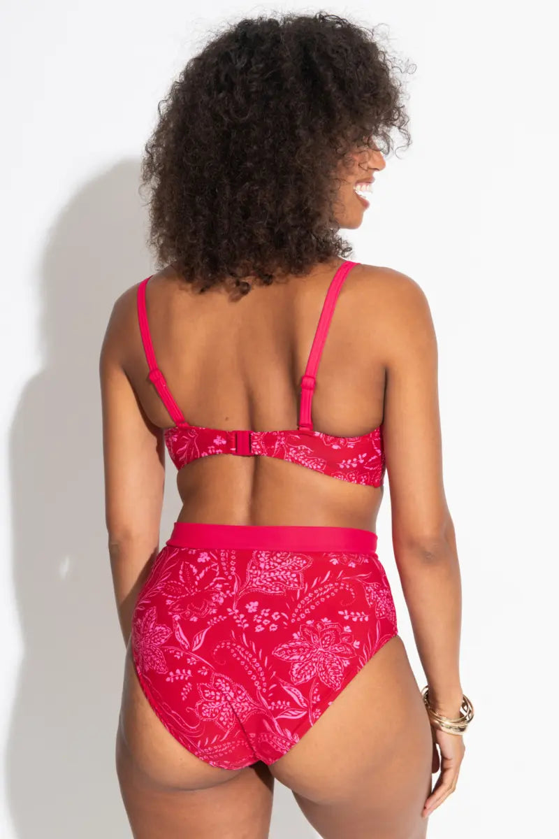 Model wearing Palm Springs Padded Top In Red & Pink  - Pour Moi, back view