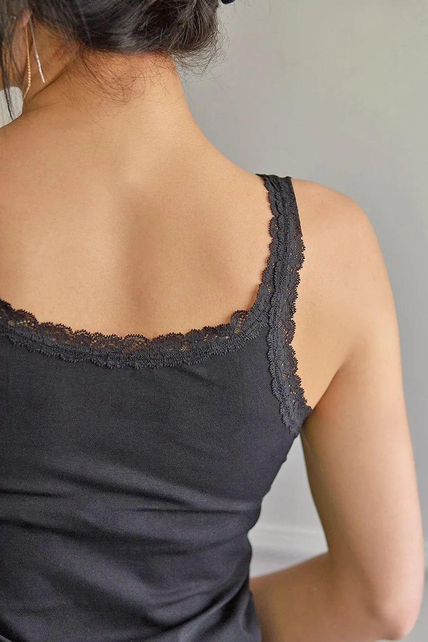 Model wearing Dolce Cotton Lace T-Shirt In Black - Janira, back view