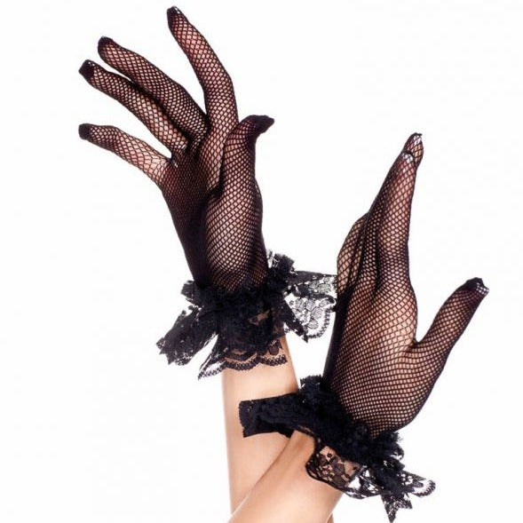 Lace Ruffle Fishnet Gloves in Black