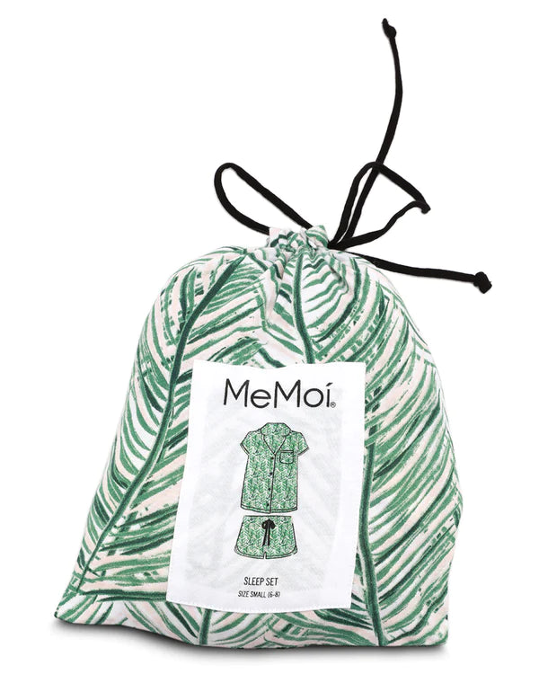 Palm Play Notch Collar PJ Set In White & Green - MeMoi