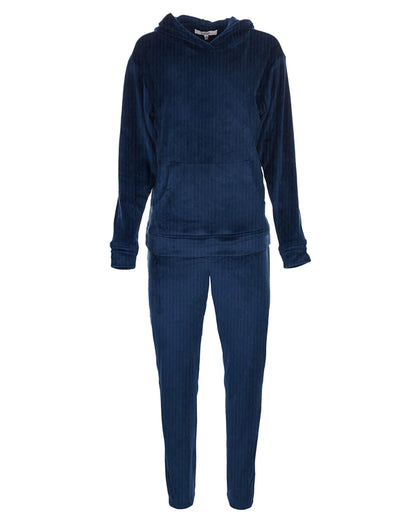 Cozy Velour Hooded Sweatshirt PJ Set In Ocean Navy - MeMoi