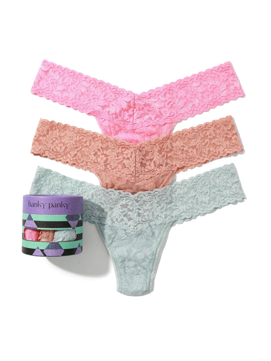 3 Low Rise Signature Lace Thong In Pink, Beige & Pearl Grey - Hanky Panky
