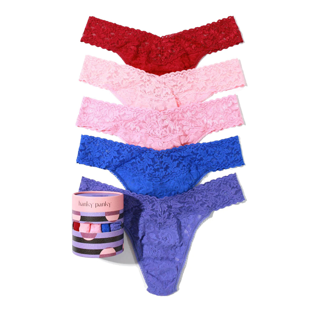 5 Original Rise Thong In Cranberry Red, Coral, Pink, Blue & Purple- Hanky Panky