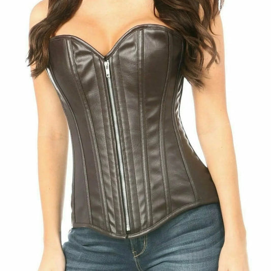 Top Drawer Distressed Faux Leather Steel Boned Corset In Brown - Daisy Corsets
