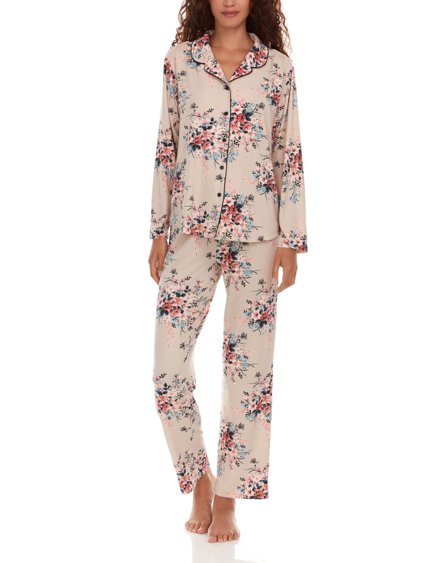 Lindsey Printed Knit Notch Collar PJ With Piping In Beige - Flora Nikrooz