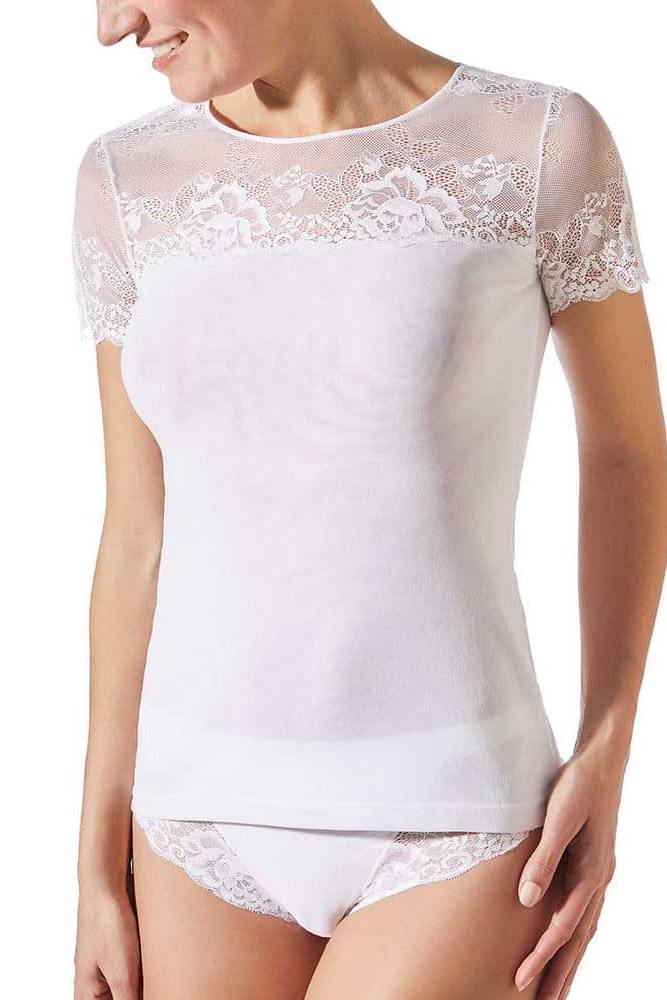 Model wearing Greta Lace T-Shirt In White - Janira, front view