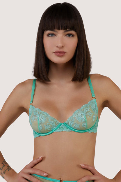 Sarina Embroidery Strap Plunge Bra In Green - Wolf & Whistle