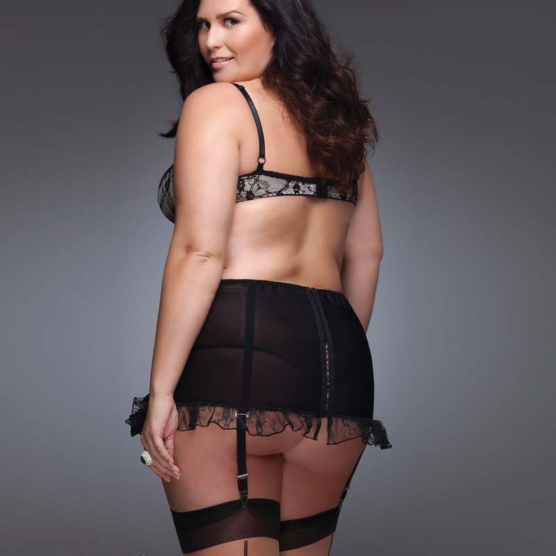 Garter Belt With Floral Print Lace In Black/Nude- Coquette