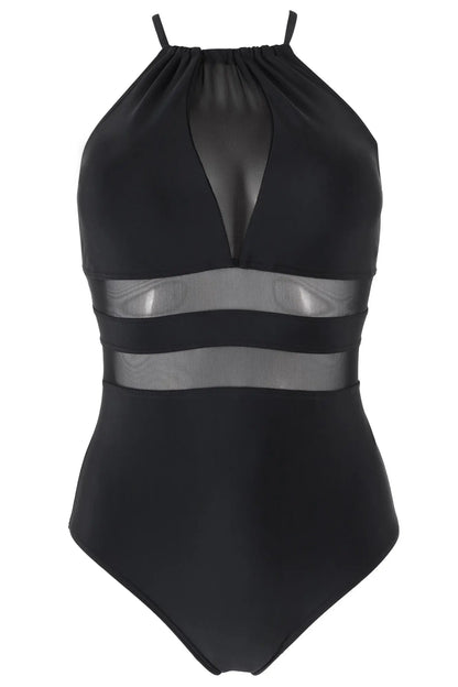 High Neck Mesh Insert Control Swimsuit In Black - Pour Moi