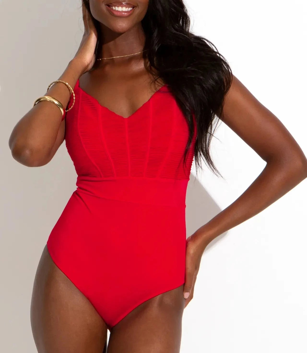 Ruched Pleated Control Swimsuit In Red - Pour Moi