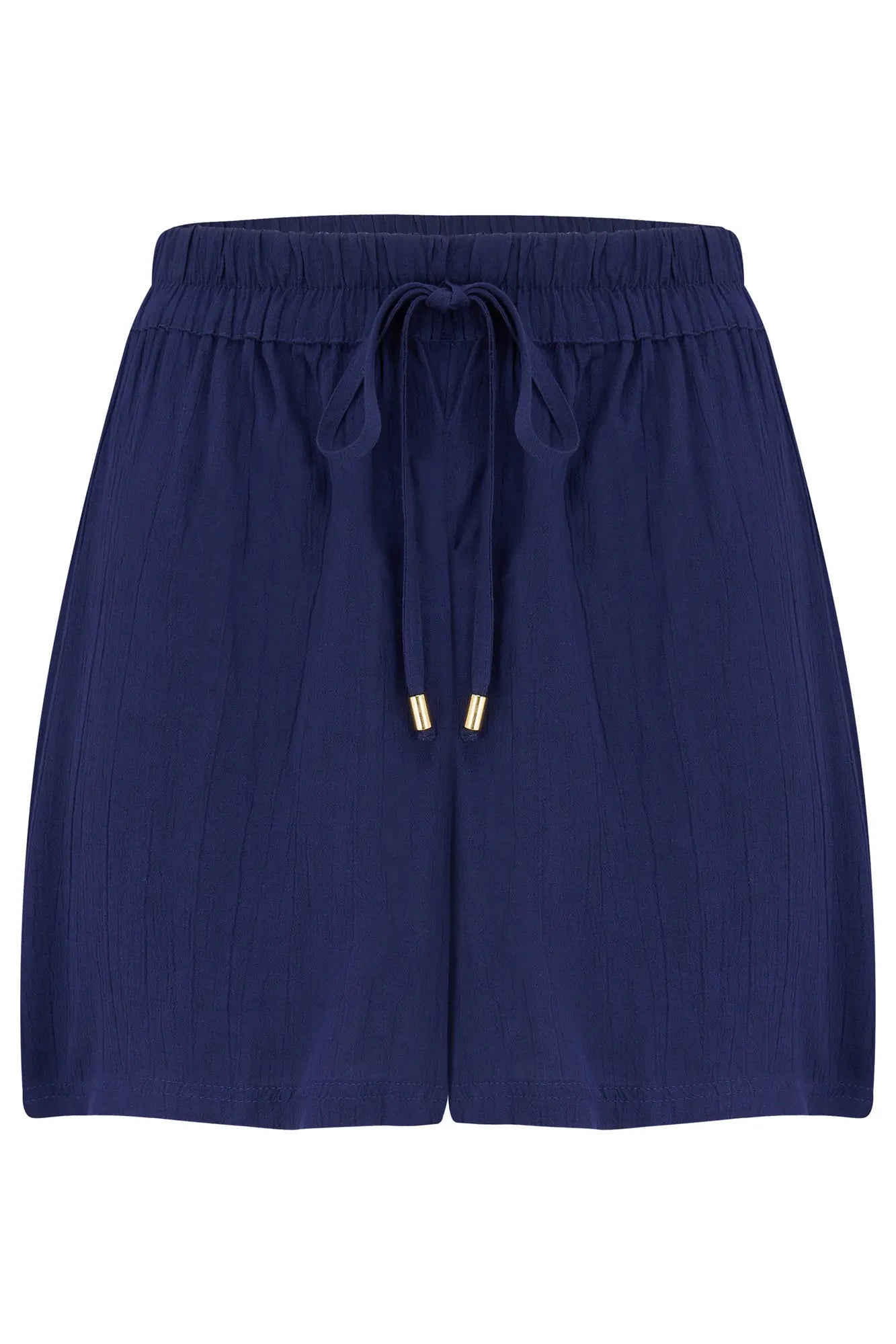 Crinkle Viscose Gold Trim Beach Shorts In Navy - Pour Moi