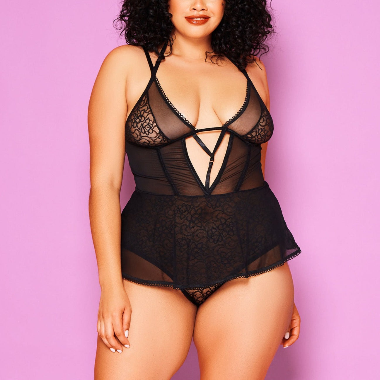 Strappy Mesh & Lace Teddy In Black