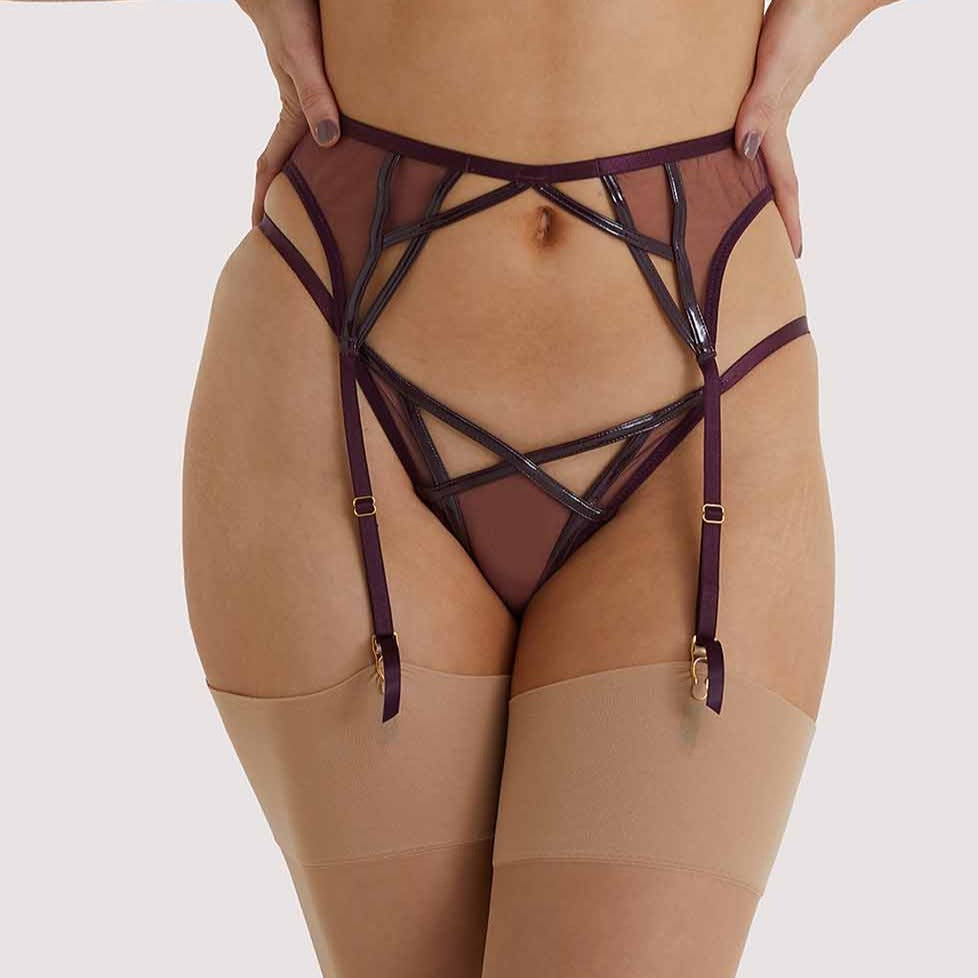 Kelly Panelled Mesh & PVC Cut Out Suspender In Wine - Playful Promises