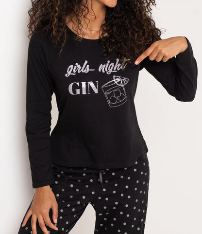 Girls Night Gin Cotton Jersey PJ Set In Black - Pour Moi