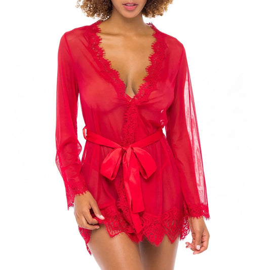 Provence Eyelash Lace Robe With Satin Sash In Red - Oh La La Cheri